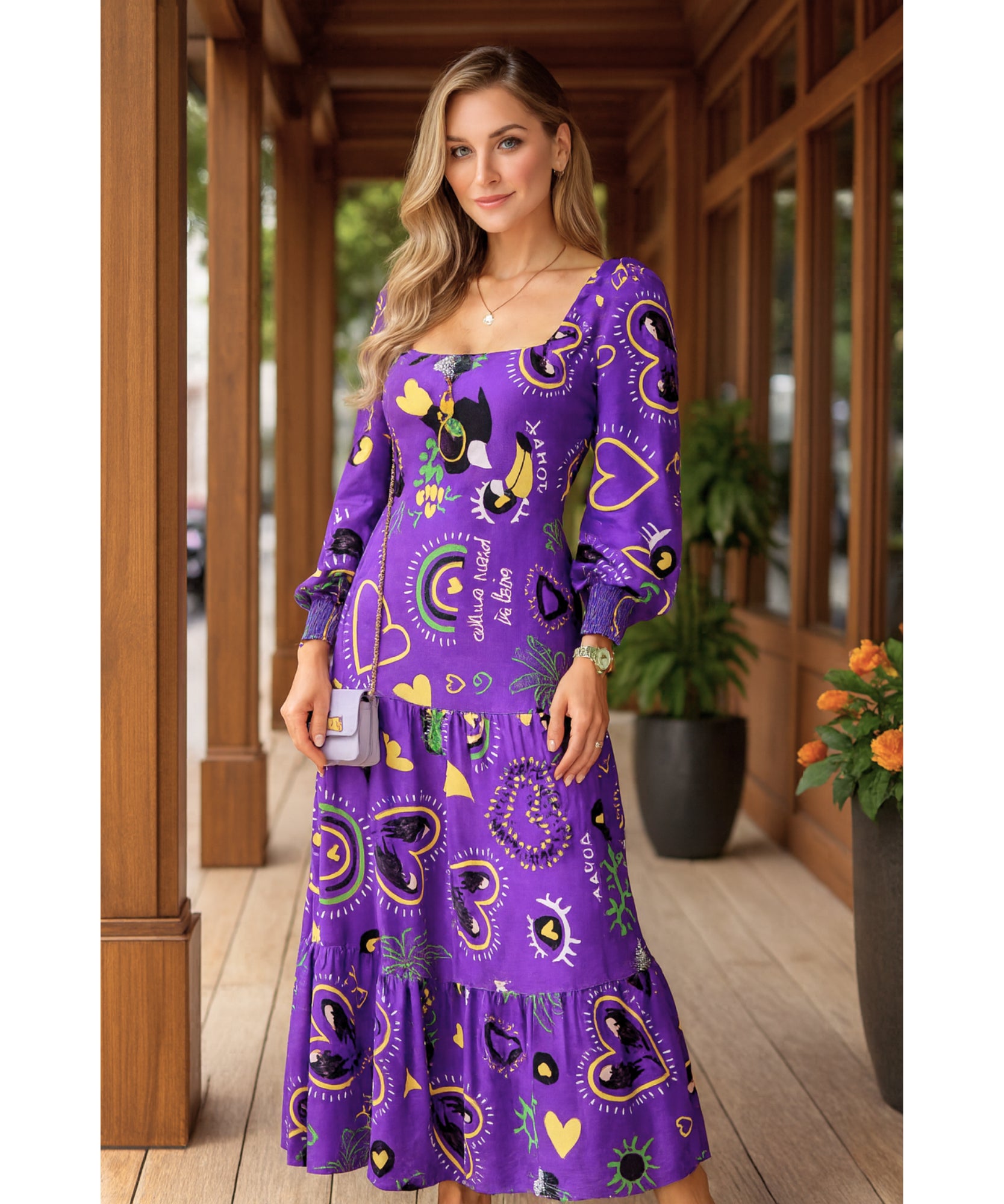 Comprar vestido longo feminino estampado manga longa babados corações casual outono barato ou em promoção ZARA

