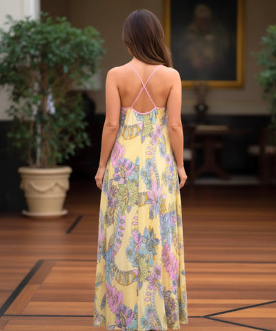 Comprar vestido longo feminino florido boho verão alças finas estampado amarelo elegante casual barato promoção ZARA