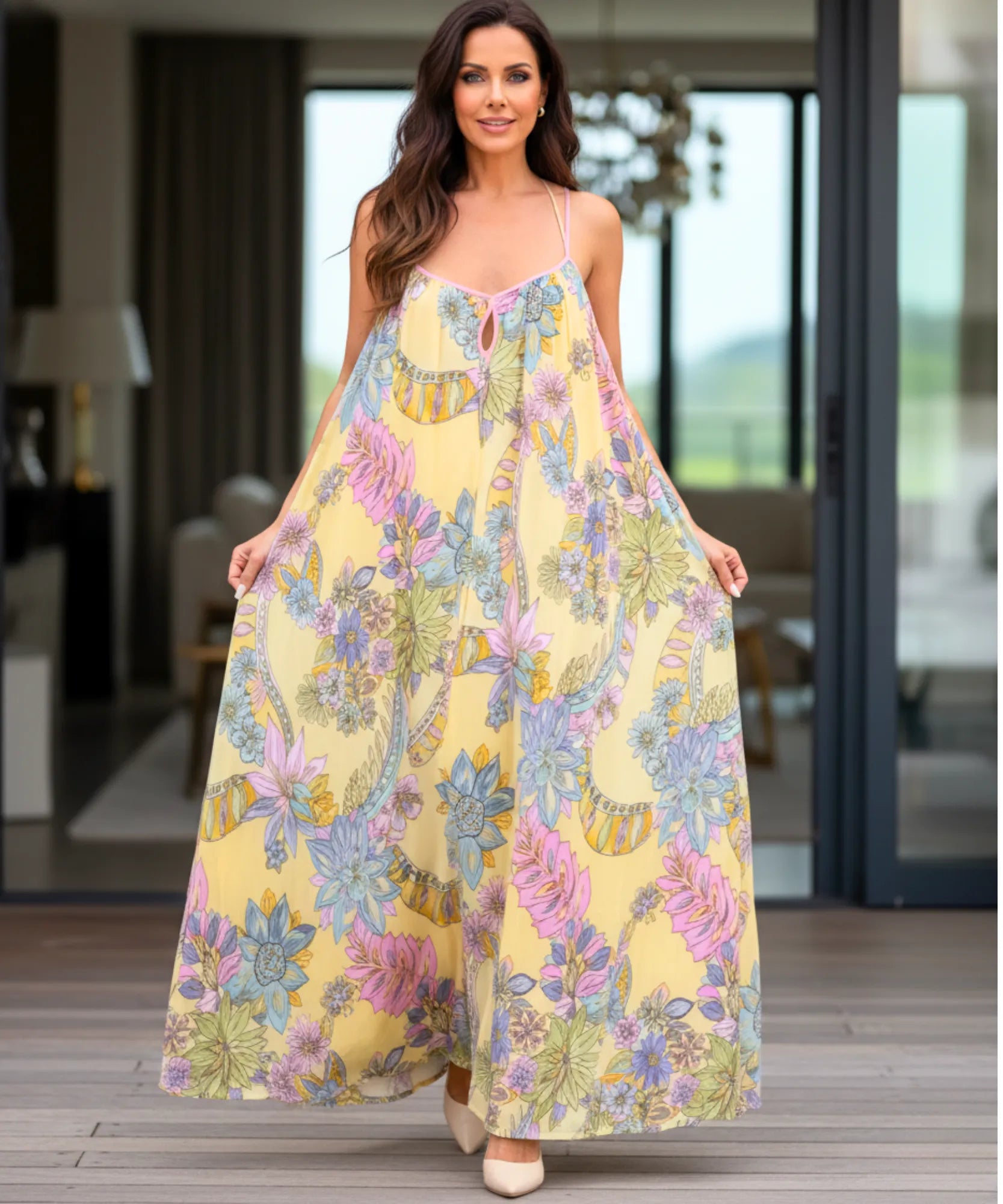 Comprar vestido longo feminino florido boho verão alças finas estampado amarelo elegante casual barato promoção ZARA