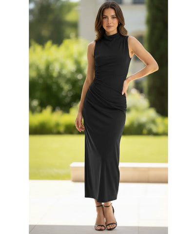 Comprar vestido longo feminino gola alta com franzido lateral em malha modelagem justa barato em promoção ZARA