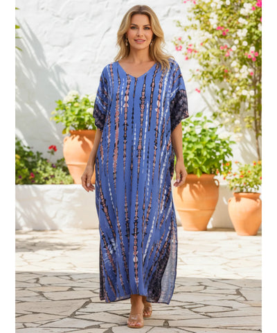 Comprar vestido longo feminino kaftan estampado boho de algodão leve com mangas amplas ideal para praia resort e verão elegante ANELLIMN
