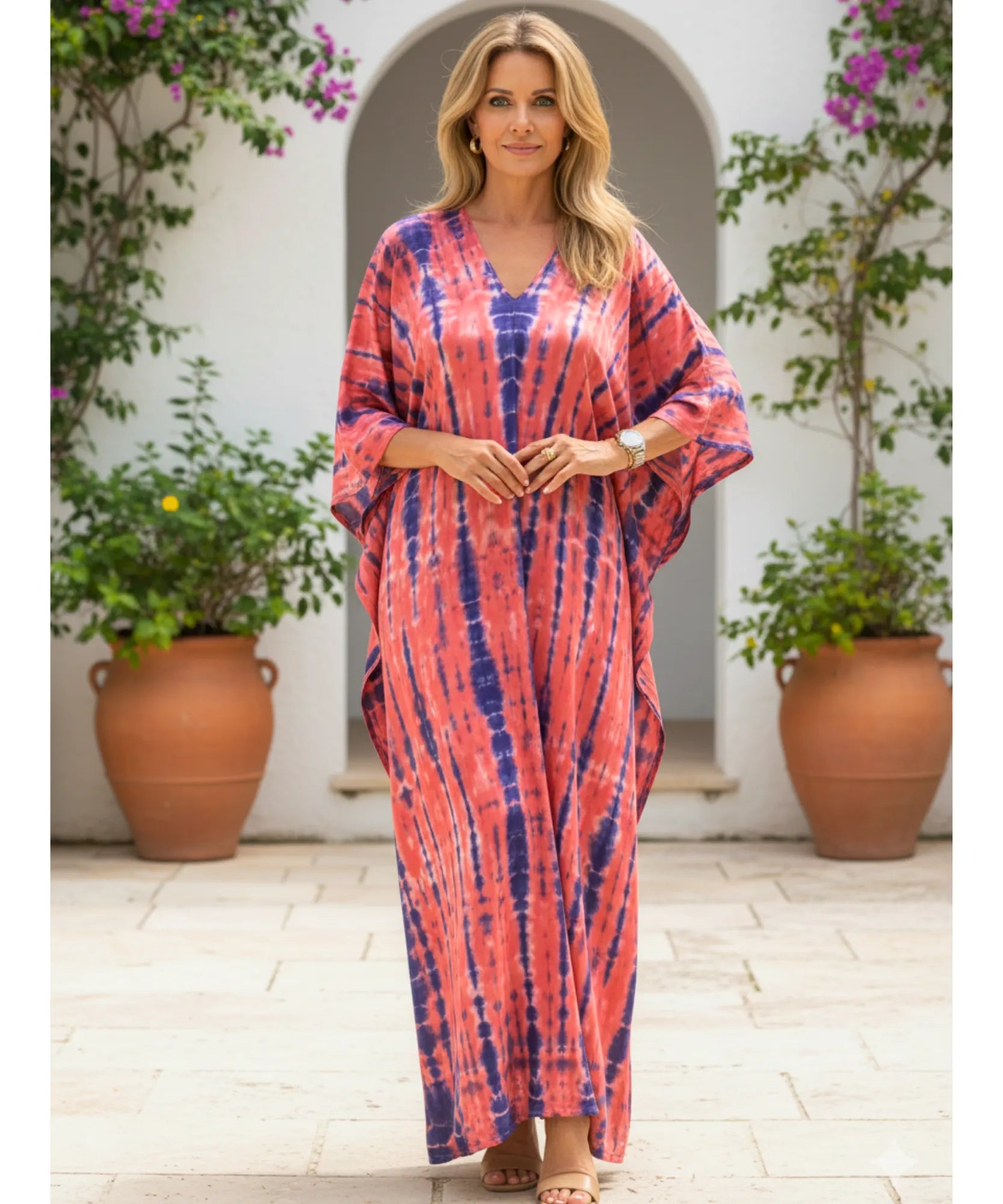 Comprar vestido longo feminino kaftan estampado boho de algodão leve com mangas amplas ideal para praia resort e verão elegante ANELLIMN
