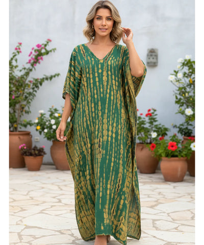 Comprar vestido longo feminino kaftan estampado boho de algodão leve com mangas amplas ideal para praia resort e verão elegante ANELLIMN

