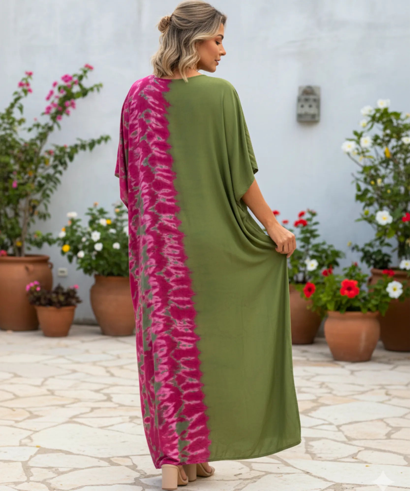 Comprar vestido longo feminino kaftan estampado boho de algodão leve com mangas amplas ideal para praia resort e verão elegante ANELLIMN
