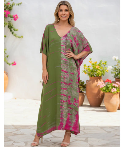 Comprar vestido longo feminino kaftan estampado boho de algodão leve com mangas amplas ideal para praia resort e verão elegante ANELLIMN
