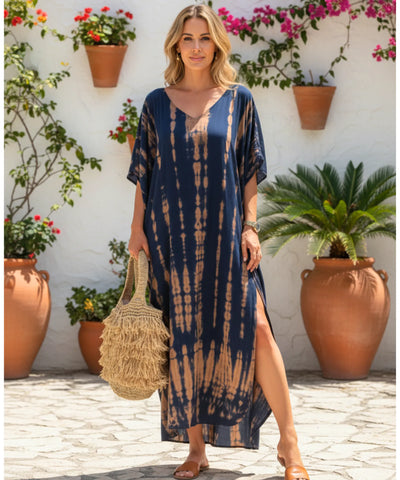 Vestido Longo Feminino Kaftan Estampado Boho Elegante | Camel