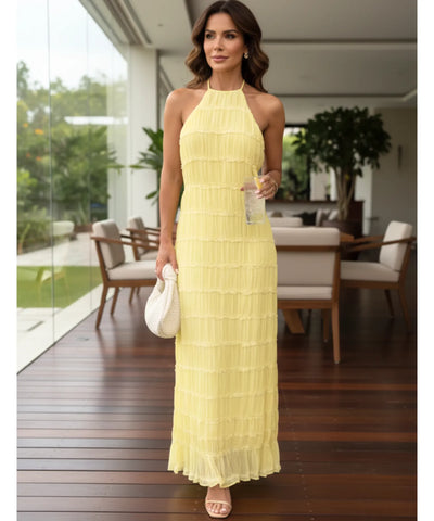Vestido Longo Branco Plissado Elegante Verão | Ágata