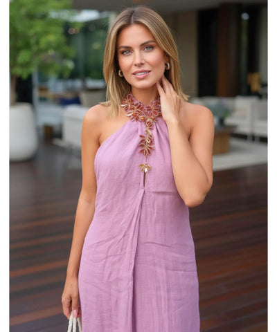 Comprar vestido longo feminino rosa frente única linho com fenda lateral elegante para casamento de dia barato em promoção ZARA