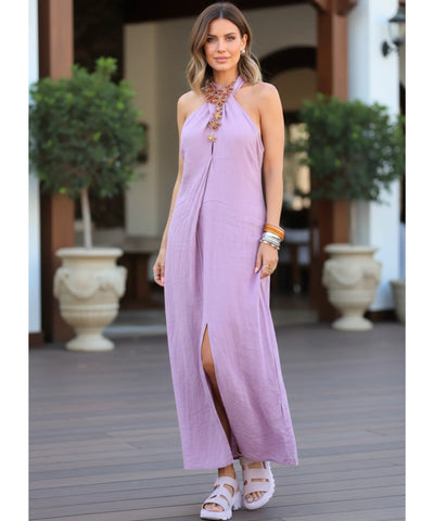 Comprar vestido longo feminino rosa frente única linho com fenda lateral elegante para casamento de dia barato em promoção ZARA