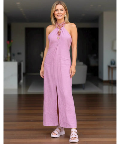 Comprar vestido longo feminino rosa frente única linho com fenda lateral elegante para casamento de dia barato em promoção ZARA