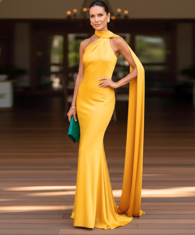 Comprar vestido longo de festa cetim frente única amarração pescoço costas abertas formatura madrinha casamento em promoção  ZARA - LADY DRESS