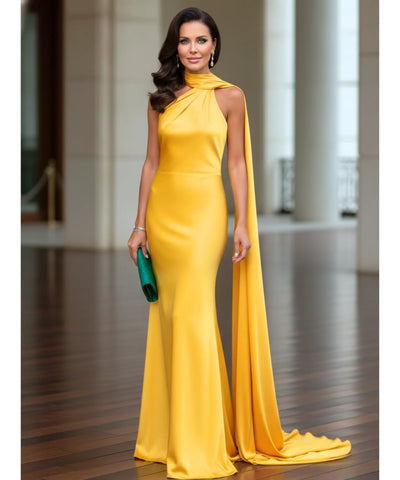 Comprar vestido longo de festa cetim frente única amarração pescoço costas abertas formatura madrinha casamento em promoção  ZARA - LADY DRESS