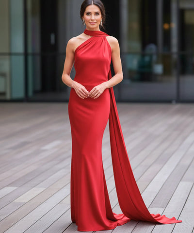 Comprar vestido longo de festa cetim frente única amarração pescoço costas abertas formatura madrinha casamento em promoção  ZARA - LADY DRESS