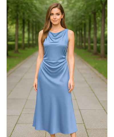 Vestido Longo de Festa Cetim Frente Única Drapeado Elegante | Aimi