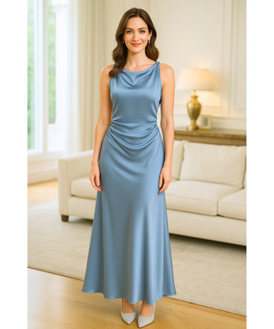 Comprar vestido longo de festa cetim azul frente única drapeado elegante casamento gala alfaiataria barato em promoção ZARA

