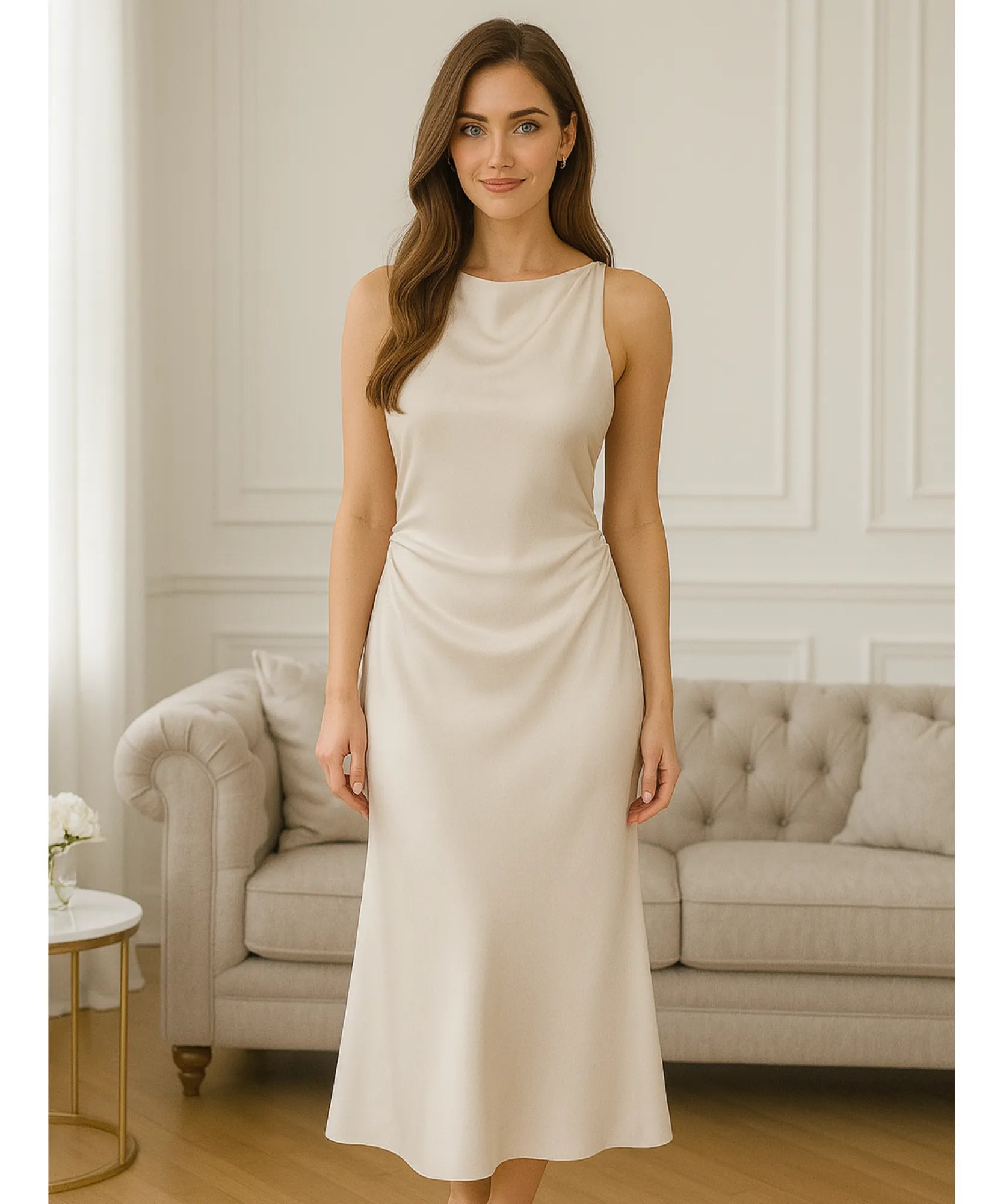 Comprar vestido longo de festa cetim off white frente única drapeado elegante casamento gala alfaiataria barato em promoção ZARA