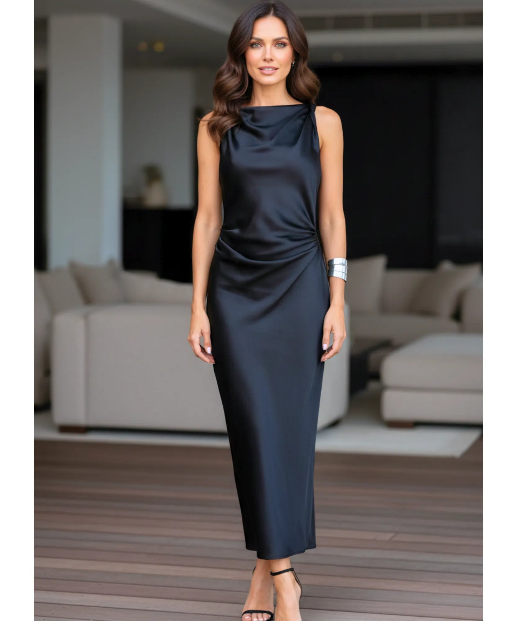 Comprar vestido longo de festa cetim frente única drapeado elegante casamento gala alfaiataria barato em promoção ZARA
