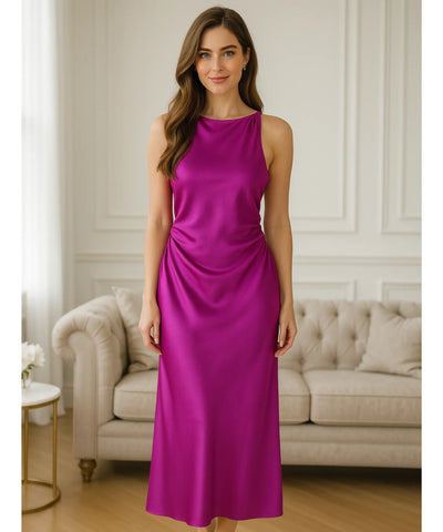 Vestido Longo de Festa Cetim Frente Única Drapeado Elegante | Aimi