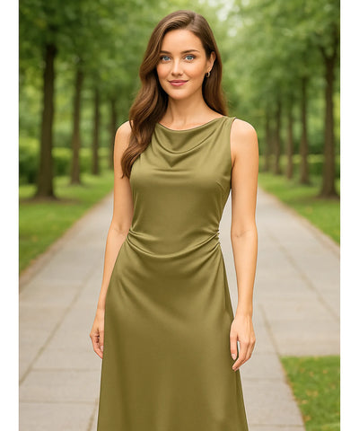 Comprar vestido longo de festa cetim verde frente única drapeado elegante casamento gala alfaiataria barato em promoção ZARA