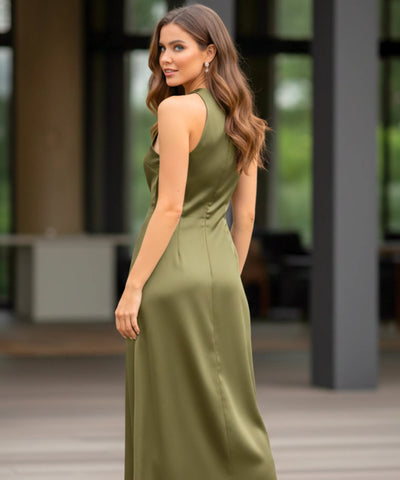 Vestido Longo de Festa Cetim Frente Única Drapeado Elegante | Aimi