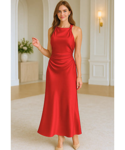 Vestido Longo de Festa Cetim Frente Única Drapeado Elegante | Aimi