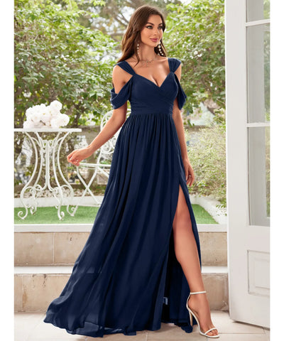Vestido Longo Festa Chiffon Decote V Fenda Lateral Elegante | Biela