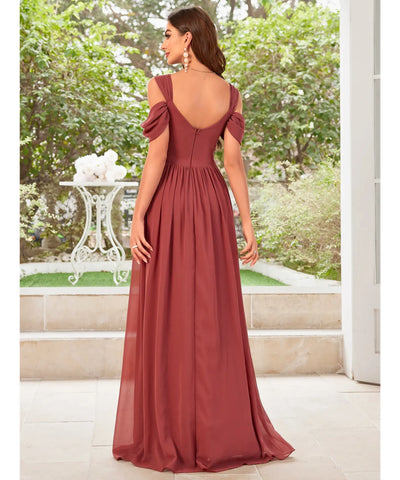 Vestido Longo Festa Chiffon Decote V Fenda Lateral Elegante | Biela