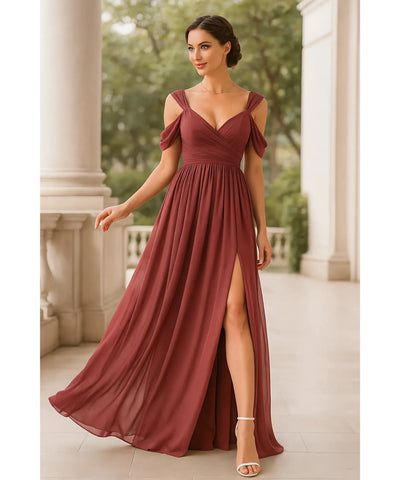 Vestido Longo Festa Chiffon Decote V Fenda Lateral Elegante | Biela
