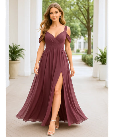 Vestido Longo Festa Chiffon Decote V Fenda Lateral Elegante | Biela
