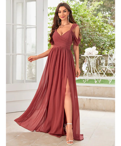 Vestido Longo Festa Chiffon Decote V Fenda Lateral Elegante | Biela