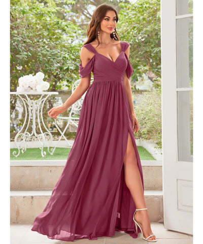 Vestido Longo Festa Chiffon Decote V Fenda Lateral Elegante | Biela