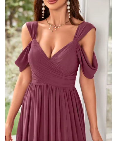 Vestido Longo Festa Chiffon Decote V Fenda Lateral Elegante | Biela