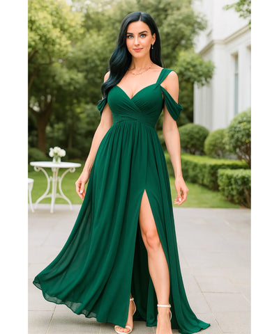 Vestido Longo Festa Chiffon Decote V Fenda Lateral Elegante | Biela