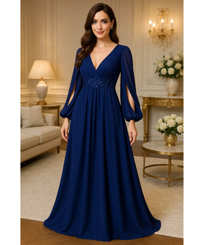 Comprar vestido longo de festa manga longa azul chiffon bordado casamento formatura elegante em promoção LADYDRESS