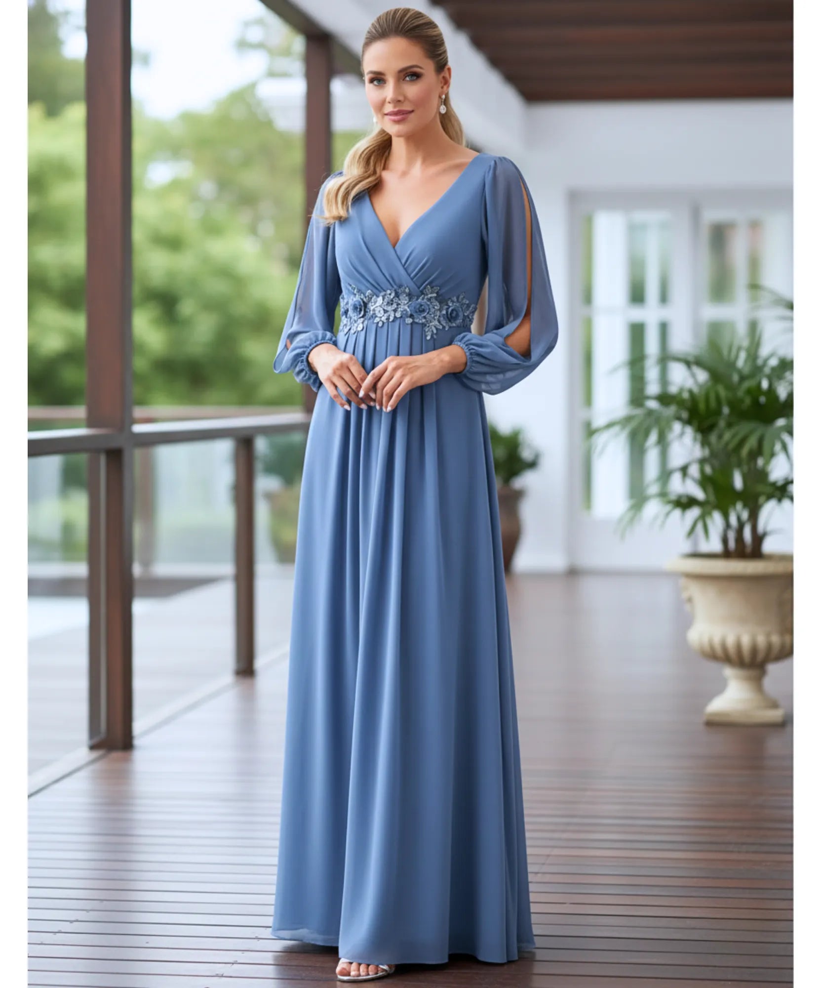 Comprar vestido longo de festa manga longa chiffon bordado casamento formatura elegante em promoção LADYDRESS