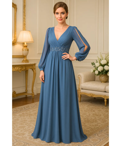 Vestido Longo de Festa Manga Longa Chiffon Elegante Madrinha | Islasi