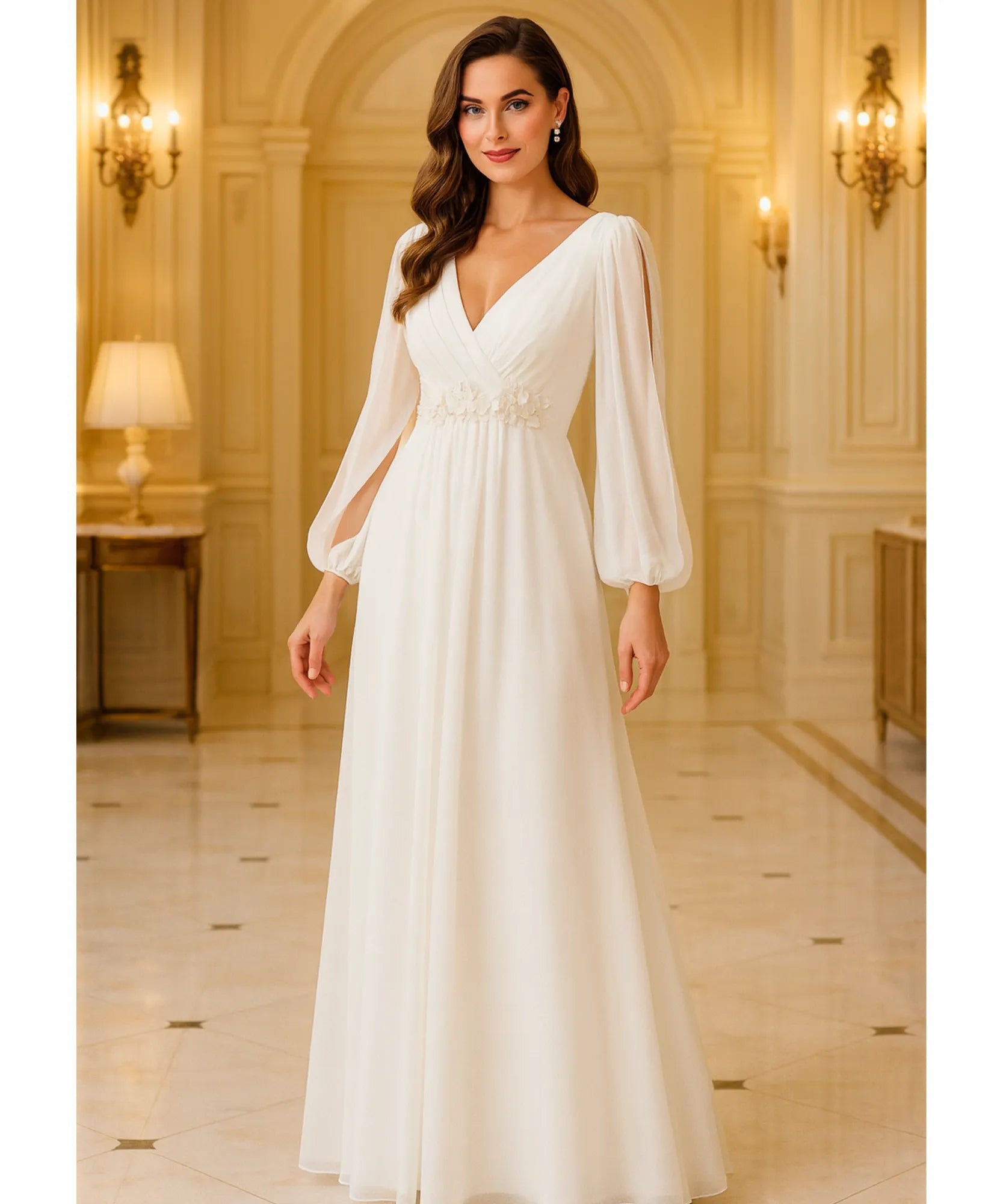 Comprar vestido longo de festa manga longa branco chiffon bordado casamento formatura elegante em promoção LADYDRESS