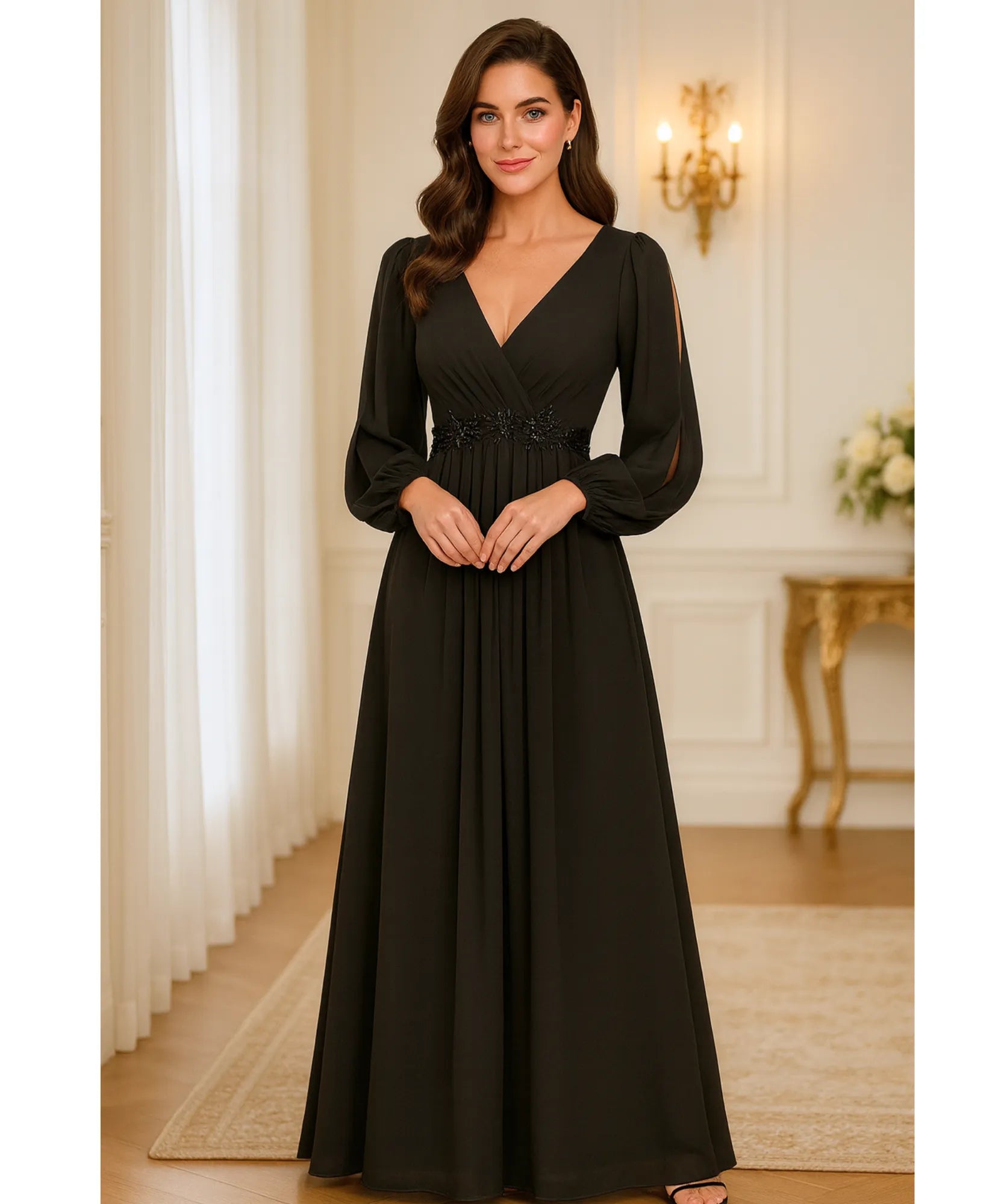 Comprar vestido longo de festa manga longa preto chiffon bordado casamento formatura elegante em promoção LADYDRESS