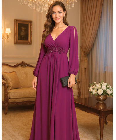 Vestido Longo de Festa Manga Longa Chiffon Elegante Madrinha | Islasi