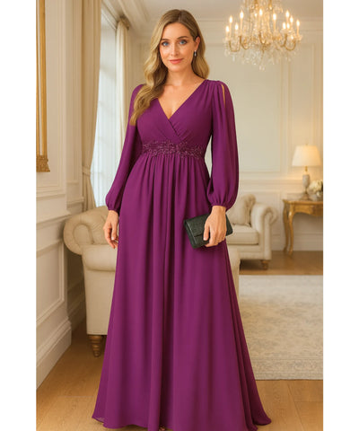 Vestido Longo de Festa Manga Longa Chiffon Elegante Madrinha | Islasi