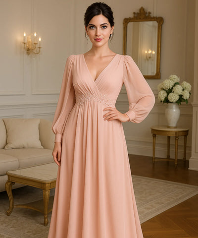 Vestido Longo de Festa Manga Longa Chiffon Elegante Madrinha | Islasi