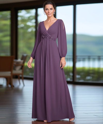Comprar vestido longo de festa manga longa chiffon bordado casamento formatura elegante em promoção LADYDRESS