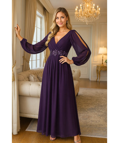 Vestido Longo de Festa Manga Longa Chiffon Elegante Madrinha | Islasi