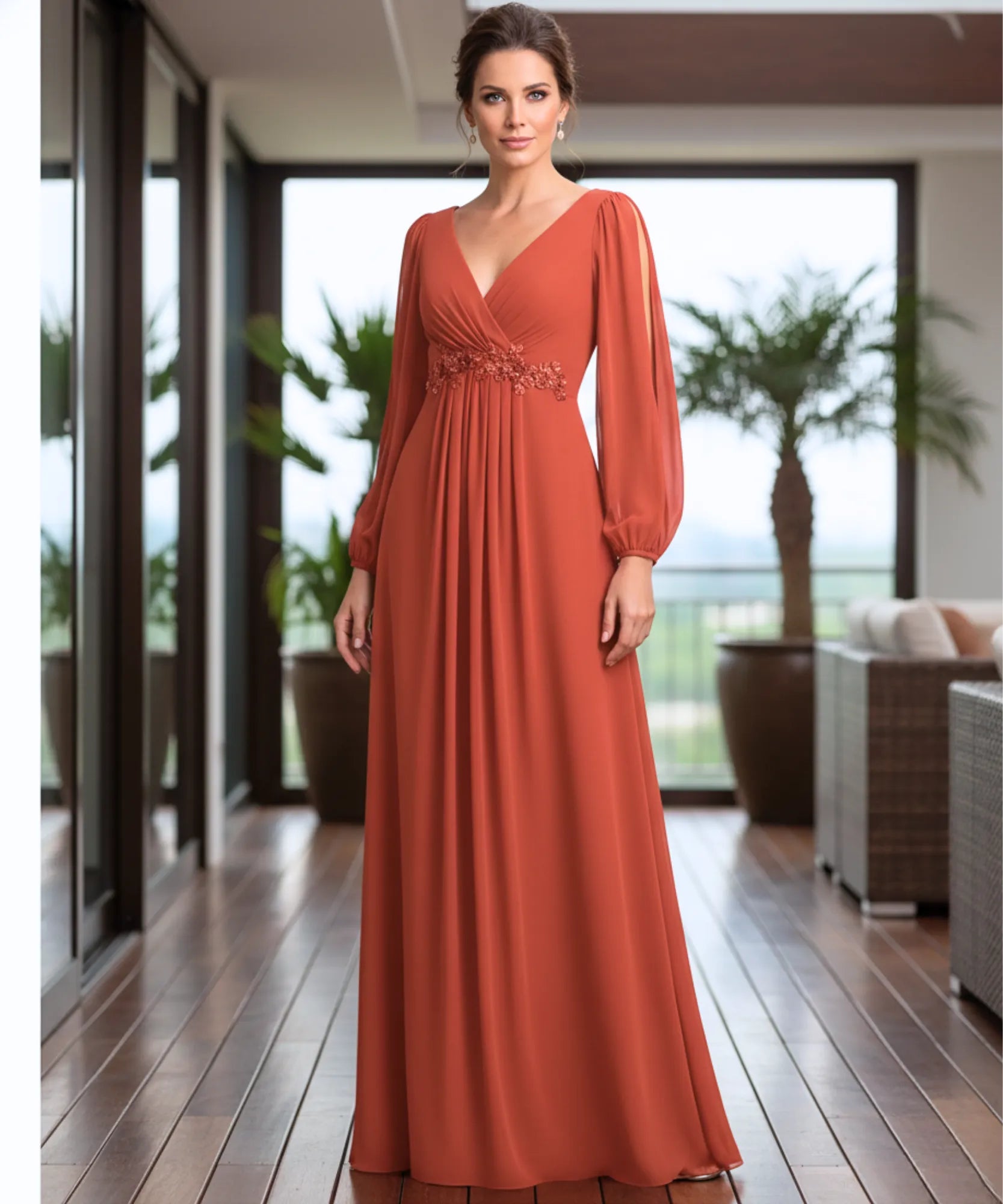 Comprar vestido longo de festa manga longa chiffon bordado casamento formatura elegante em promoção LADYDRESS