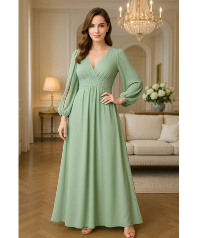 Comprar vestido longo de festa manga longa verde chiffon bordado casamento formatura elegante em promoção LADYDRESS