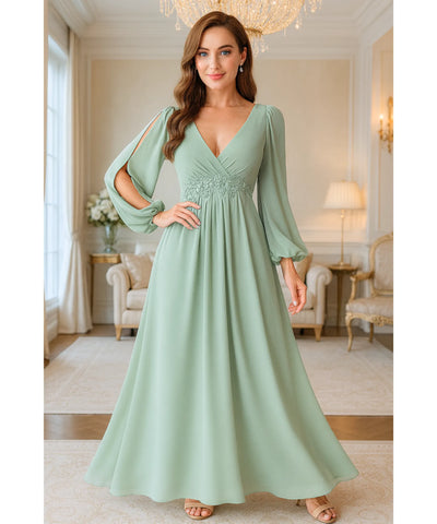 Vestido Longo de Festa Manga Longa Chiffon Elegante Madrinha | Islasi