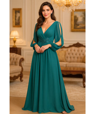 Vestido Longo de Festa Manga Longa Chiffon Elegante Madrinha | Islasi