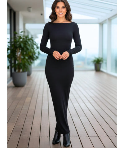 Comprar vestido longo de festa manga longa elegante tubinho decote canoa casamento formatura barato em promoção LADY DRESS 
