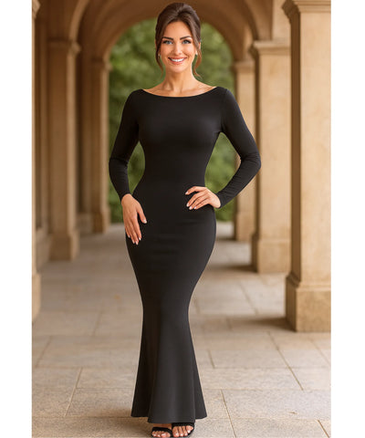 Comprar vestido longo de festa preto manga longa elegante tubinho decote canoa casamento formatura barato em promoção LADY DRESS
