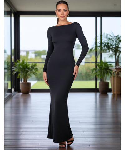 Comprar vestido longo de festa manga longa elegante tubinho decote canoa casamento formatura barato em promoção LADY DRESS 
